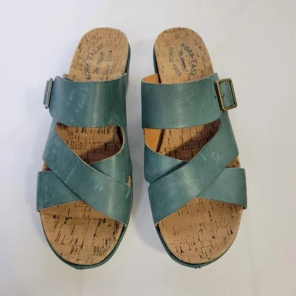 Kork-Ease Womens Callie Sandals Slides Wedge Heel Tan Teal Blue Leather Size 10M - Picture 5 of 9